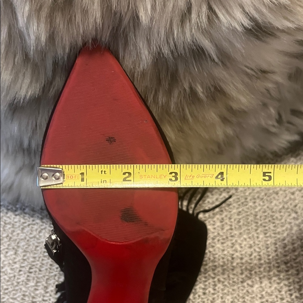 Black Suede Woman’s Pointed Toe Fringe Red Sole Stiletto Heel Ankle Booties - Picture 12 of 16